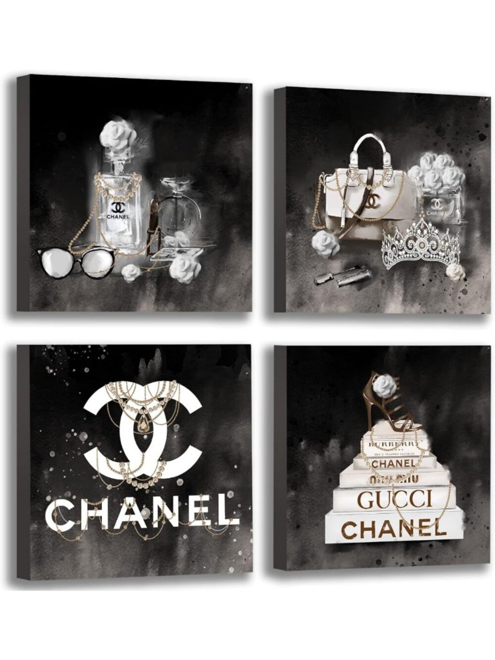 Chic Black & White High Heel Rose Canvas Wall Art - 4 Panel Modern Decor for